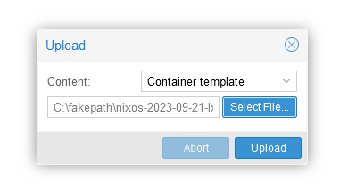 Screenshot of template upload dialog with content set to 'Container template'