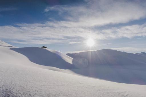Sun shining brightly on a landscape of snow.