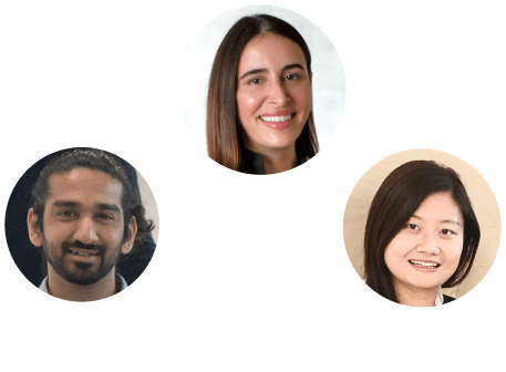 3 faces of global humans with a line connecting them to a map marker