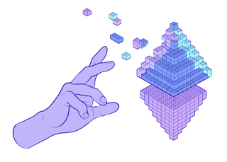 Ilustrația unei mâini care creează un logo Ethereum din piese lego.