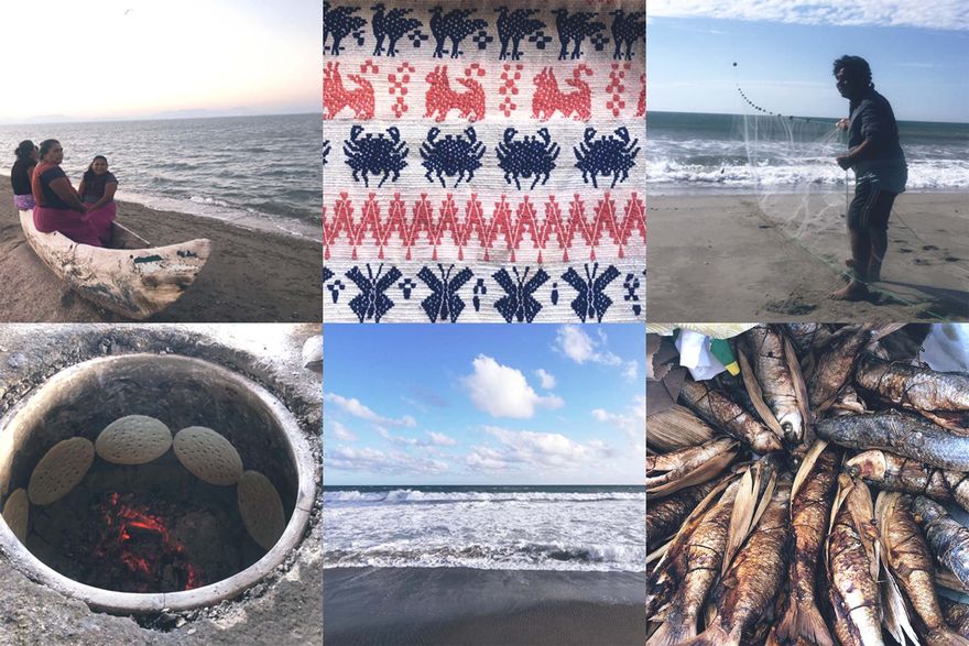 a collage of 6 images showing Ikoot fisherwomen on a canoe at the dead sea, textiles, a fisherman and his kite/net, totopos, the living sea, and baked stuffed fish