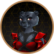 A female black panther with a black and gold background. She's wearing a red flamenco dress with black studded trim.