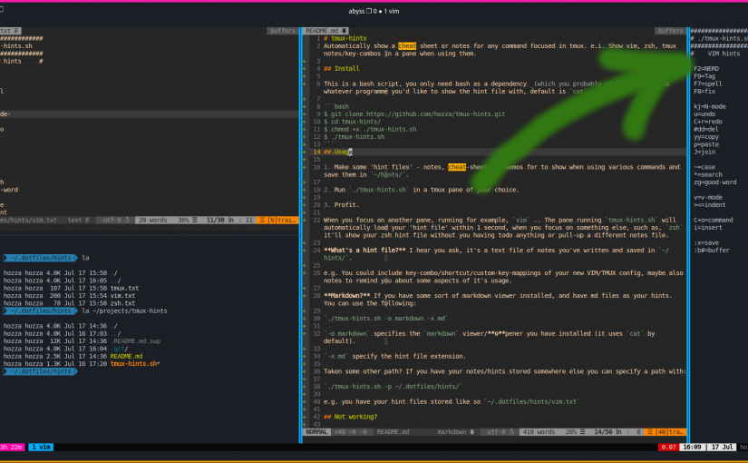 tmux-hints.sh: The auto cheatsheet for vim, zsh, tmux etc. Featured Image tmux-hints.sh: The auto cheatsheet for vim, zsh, tmux etc. Featured Image