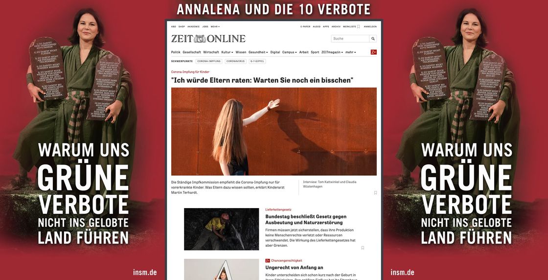 Screenshot der ZEIT-Online-Startseite mit einem übergroßen roten Werbebanner der Organisation Initiative Neue Soziale Marktwirtschaft (INSM) „Annalena und die 10 Verbote“.