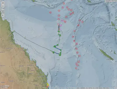 Map of the route to date. The green circles indicate locations where we have sampled the seafloor.