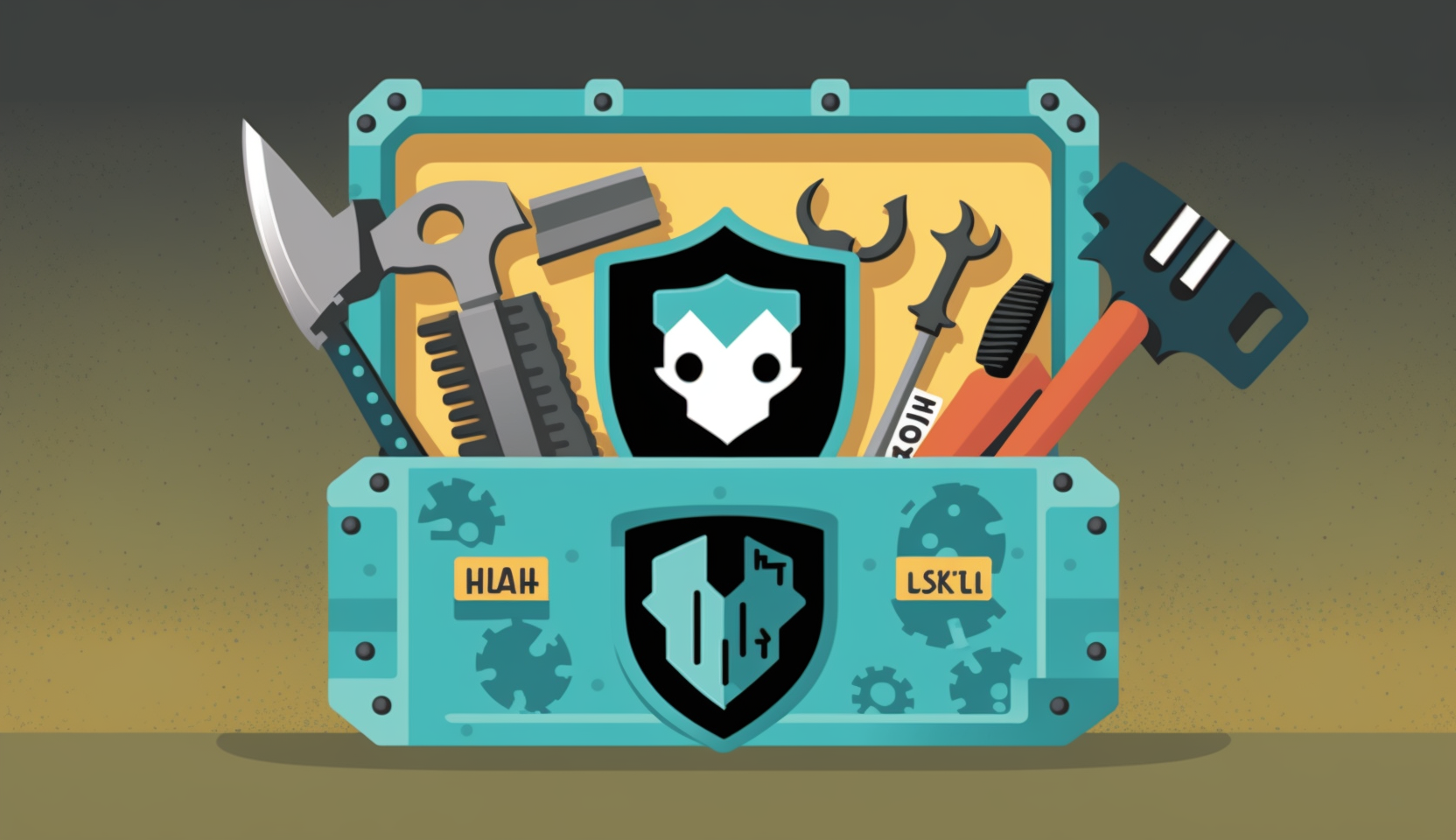A cartoon-style image of a toolbox with open source logos on each tool, along with a shield with a lock in the center to represent cybersecurity, all on a background with binary code.