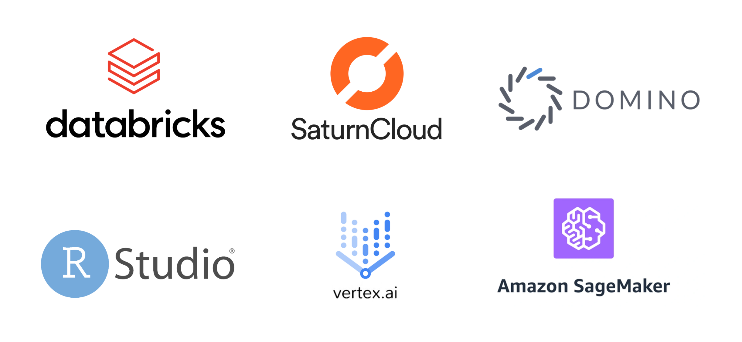 Databricks, Domino Data Lab, Saturn Cloud, RStudio, SageMaker, and Vertex.ai logos.