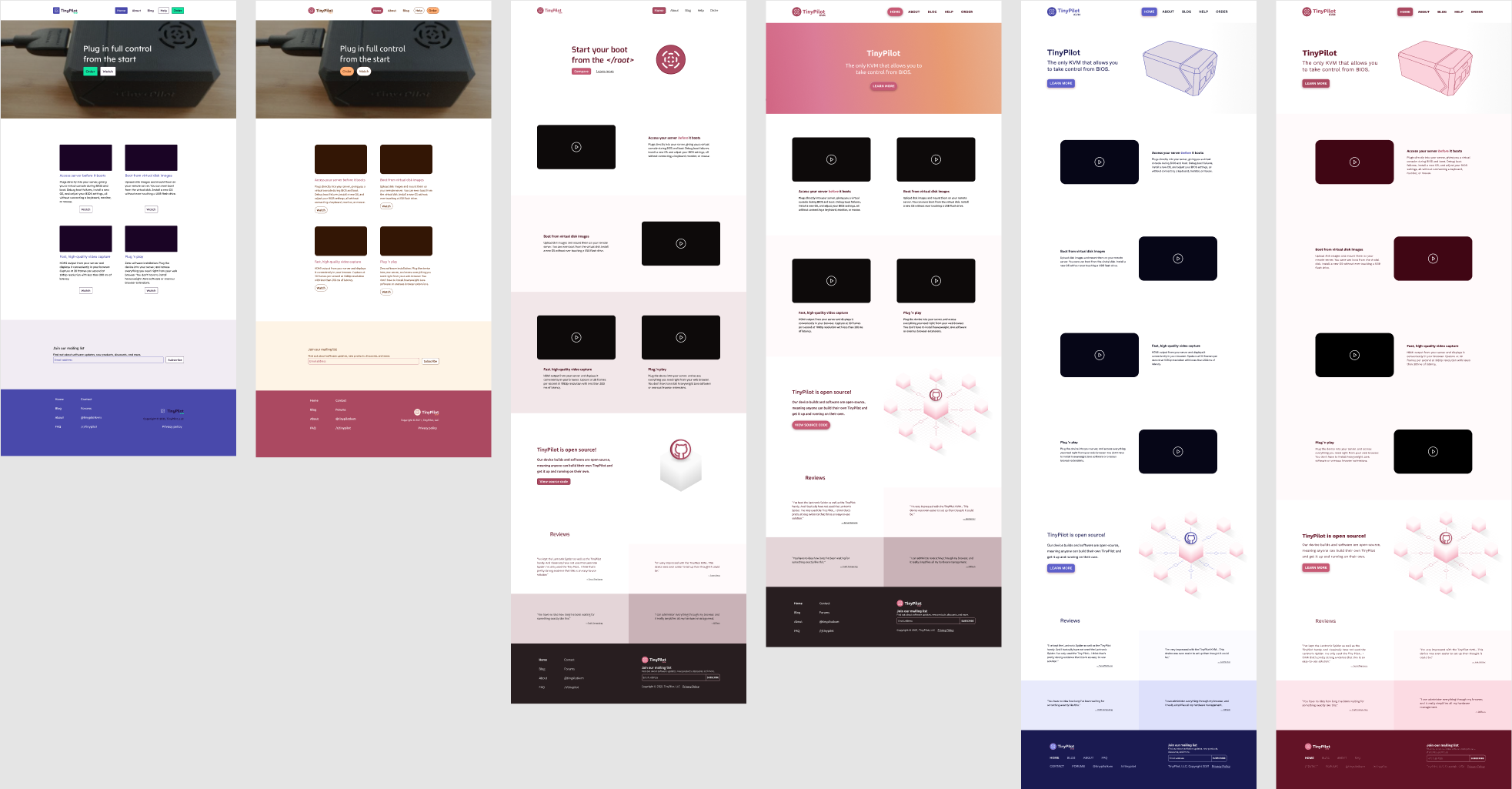 Basic designs of TinyPilot website with different colors and logos