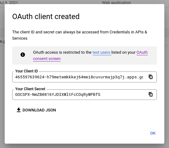 Google&#39;s OAuth client ID and Secret displayed