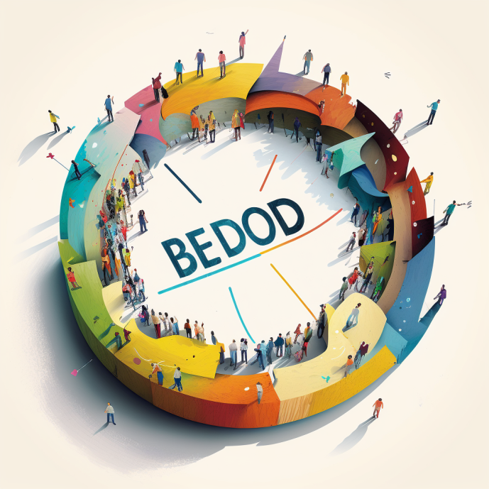 A colourful round image, this one is made up of shapes around the rim and the people are smaller and more numerous, in the centre is the word Bedod