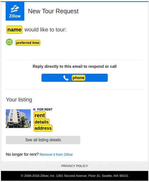 Zillow Tour Request Template created in Parseur