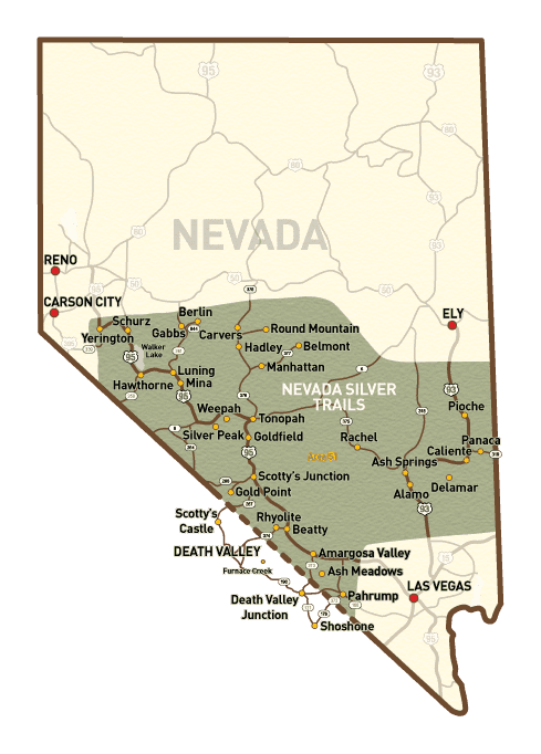 Nevada Map with showing the cities and towns that Nevada Silver Trails covers.