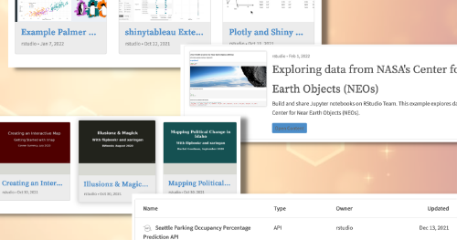 Thumbnail Screenshots of various types of content, such as Shiny apps and Jupyter notebook, displayed in HTML widgets.
