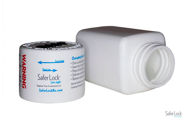 Image of a Safer Lock cap and bottle on a white background.