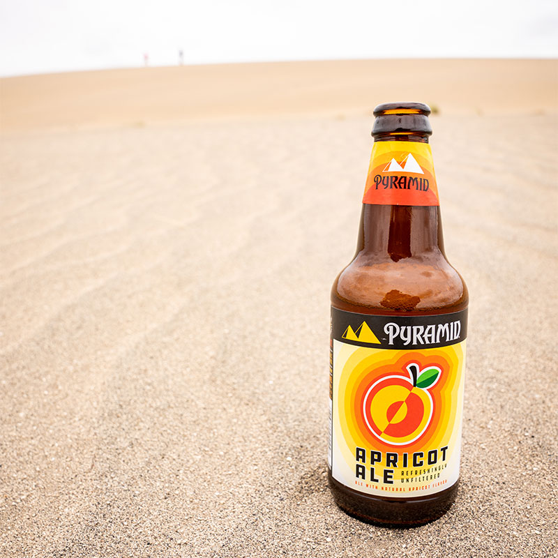 Closeup of a bottle of Apricot Ale in the sand with two men far in the background out of focus