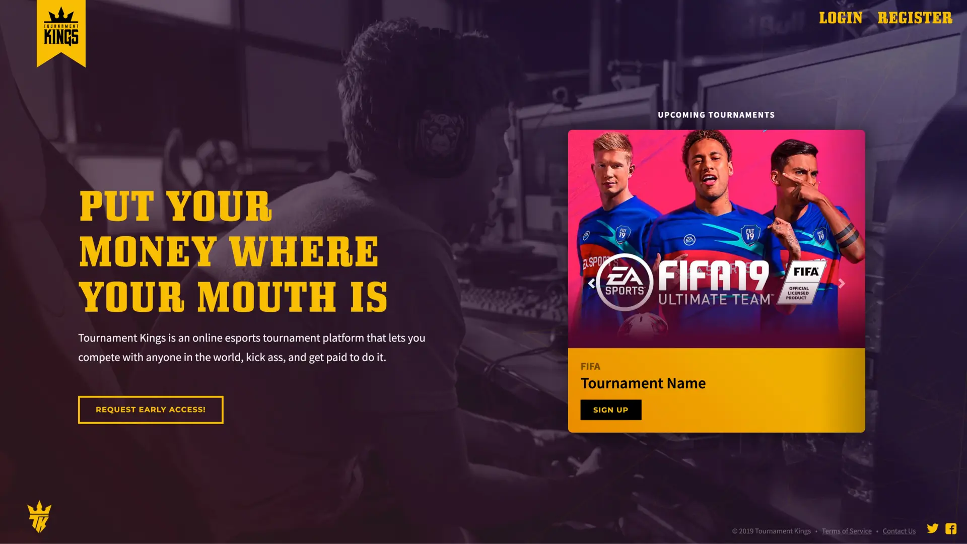 Landing page for an online gaming event app created with CodePen. 