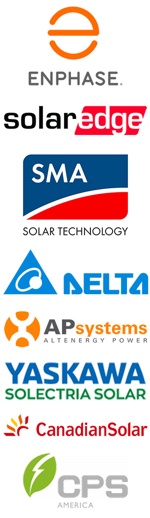 List of logos from solar brands included in the project, including Engphase, SolarEdge, SMA America, Delta Electronics, Altenergy, Yaskawa Solectria, Canadian Solar, and CPS