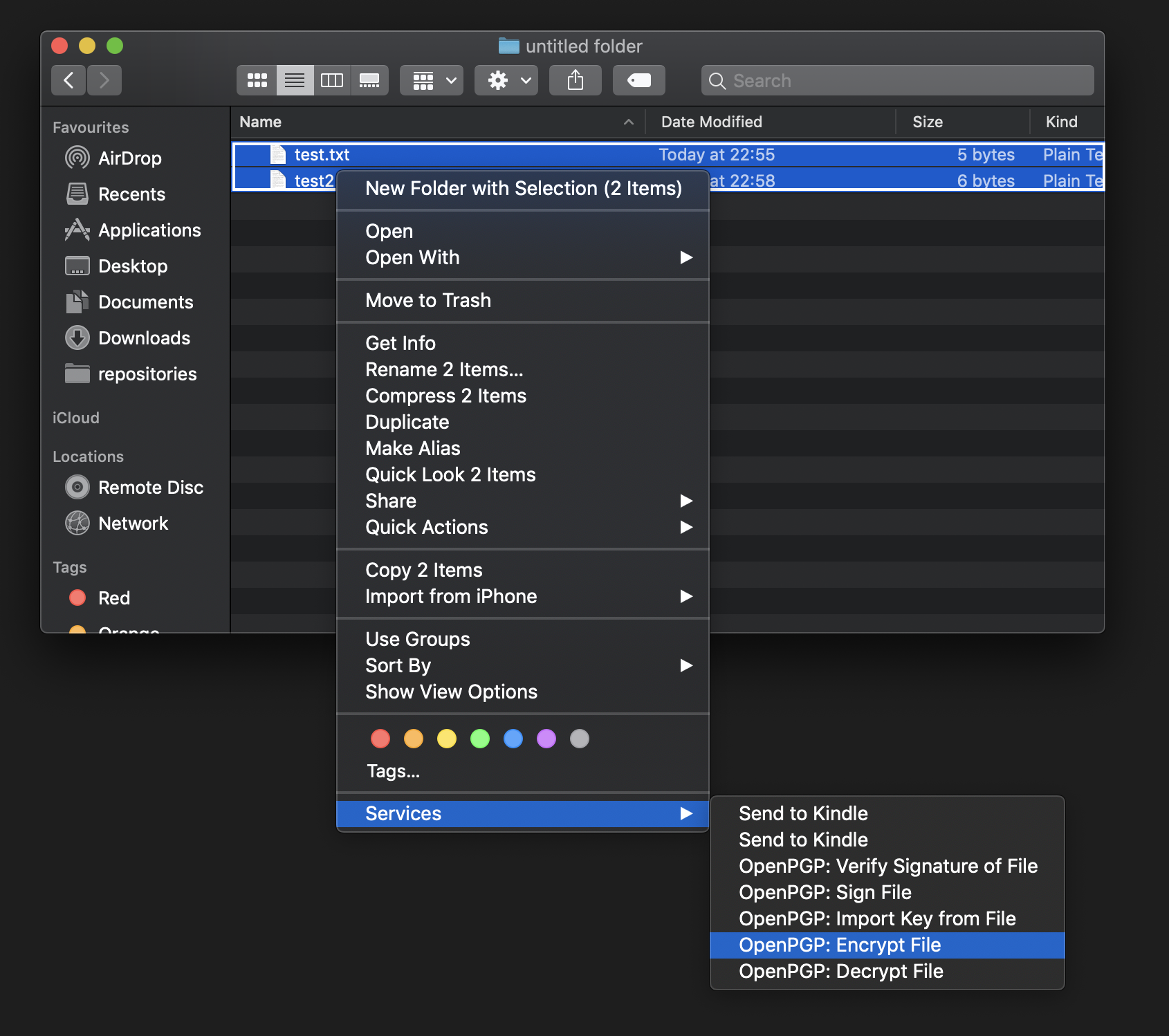 File context menu in a Mac to encrypt multiple files