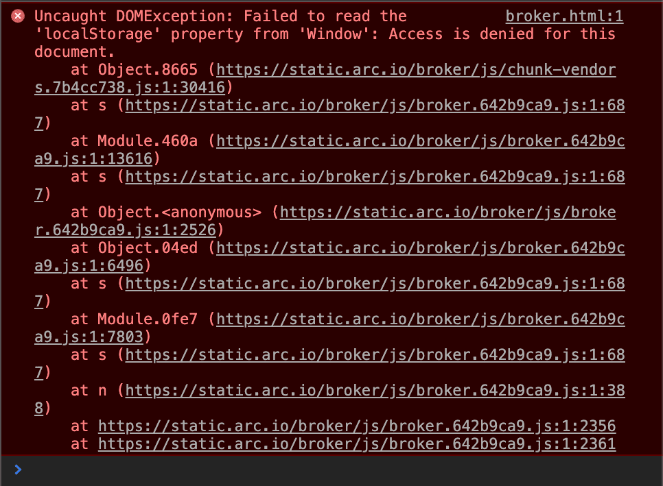 Developer console showing "Uncaught DOMException: Failed to read the 'localStorage' property from 'Window': Access is denied for this document." All errors come from https://static.arc.io/something