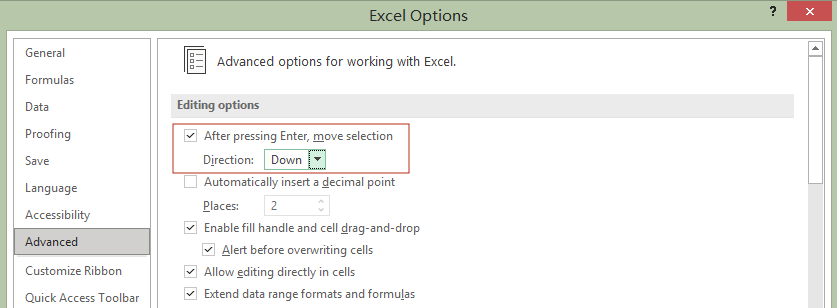 change the setting after pressing Enter in excel