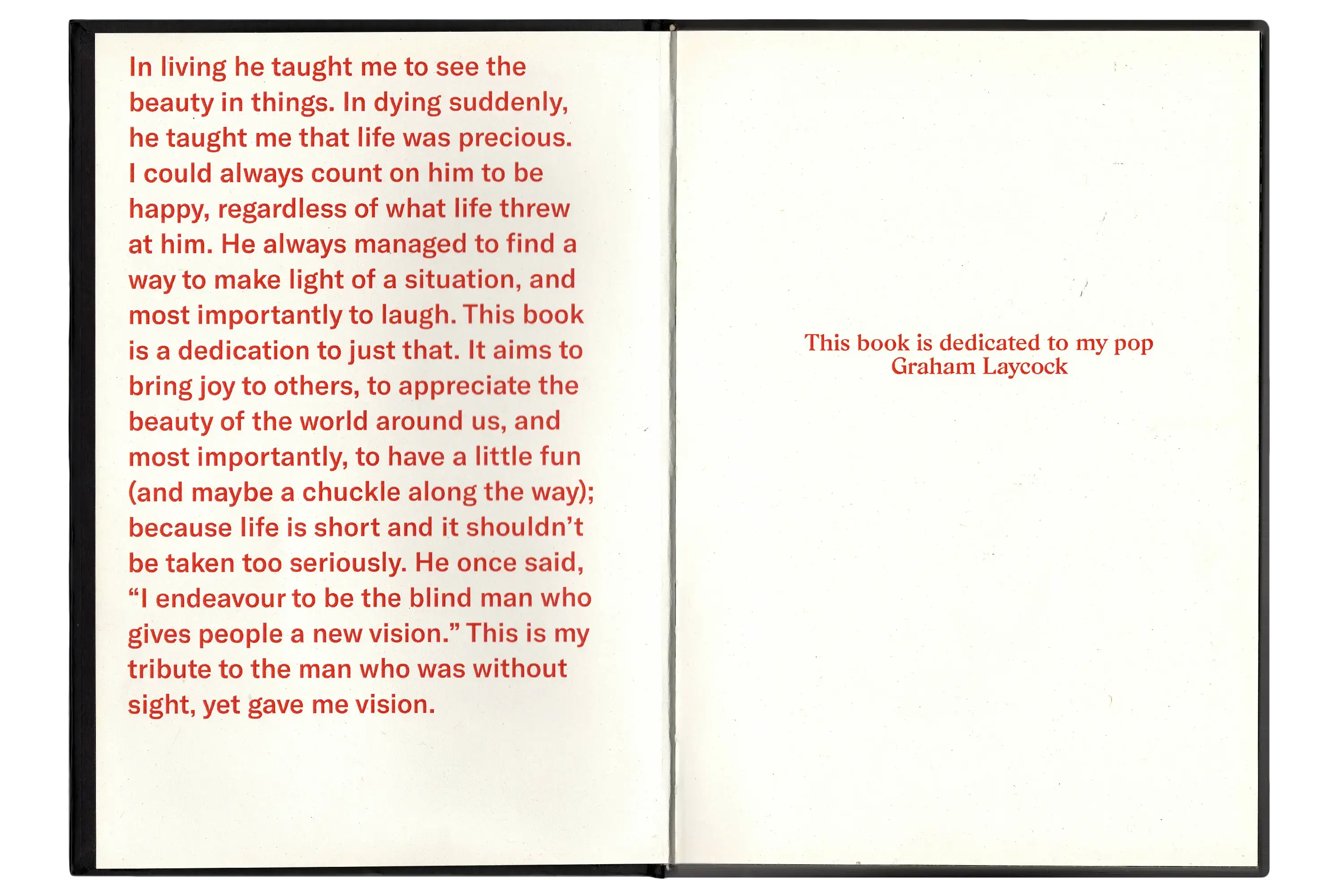 Imperfect Photo Book - dedication spread: dedicated to my blind grandfather