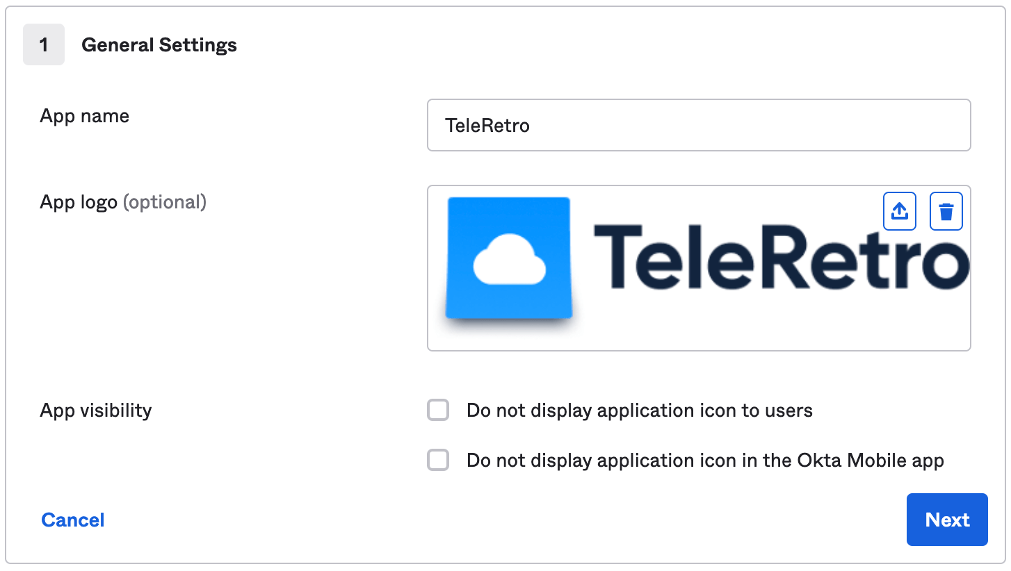 Okta integration settings with TeleRetro app name and logo