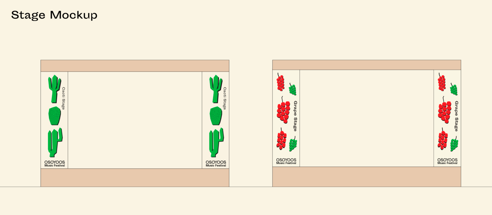 mockups for a live music stage. There are large banners that surround them. The first one is decorated with cacti and is named Cacti Stage. The second is decorated with grapes and is named Grape Stage.