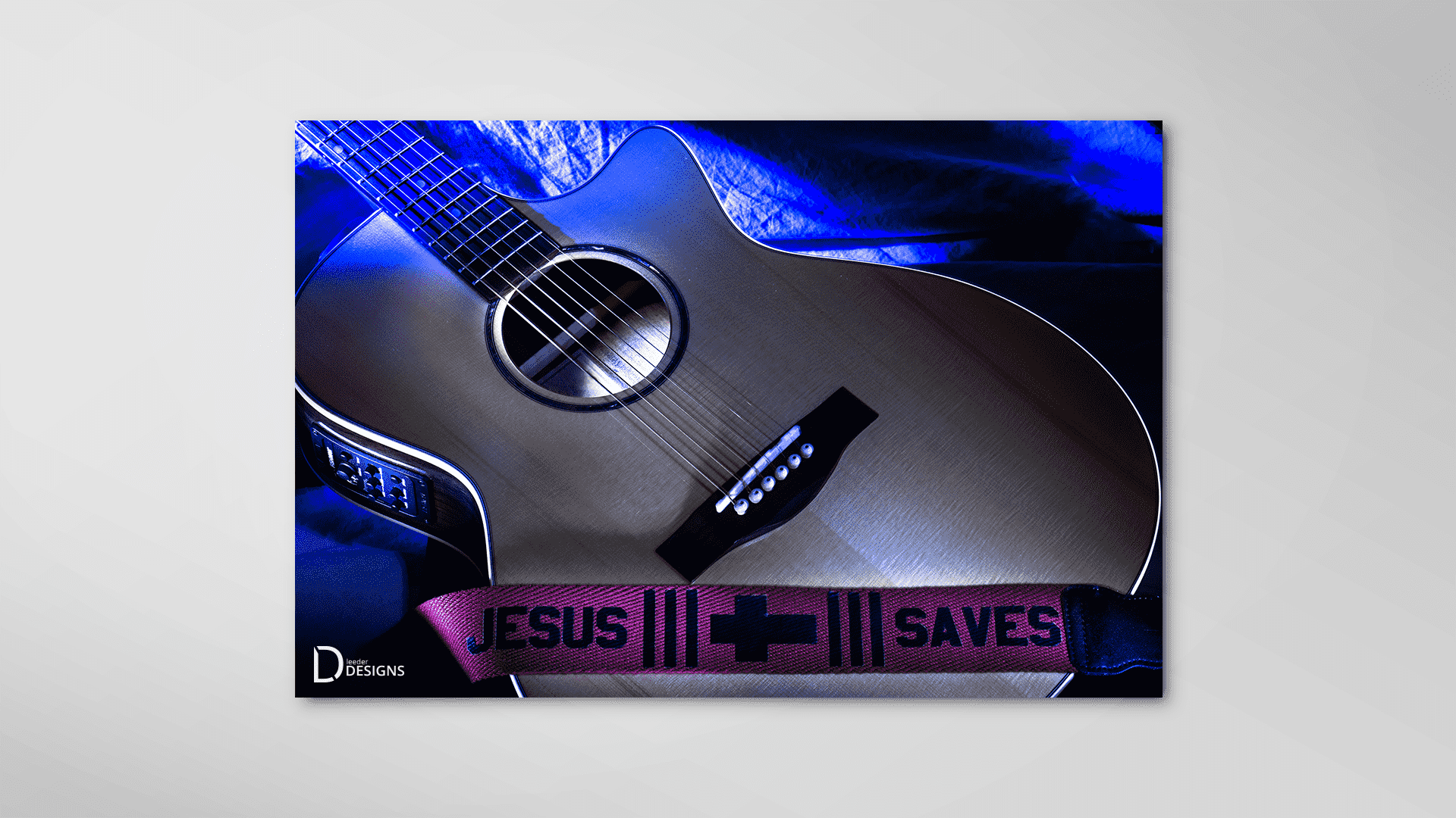 Jesus Saves guitar strap by Jonah Leeder.