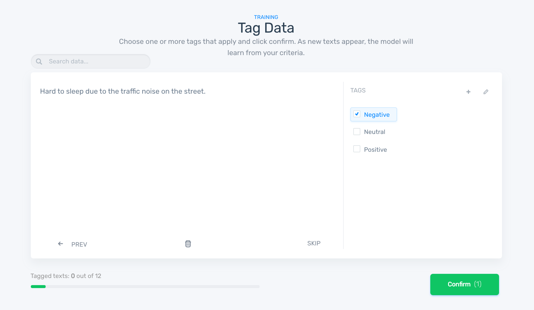 A user manually tagging email data to train a sentiment analysis model.