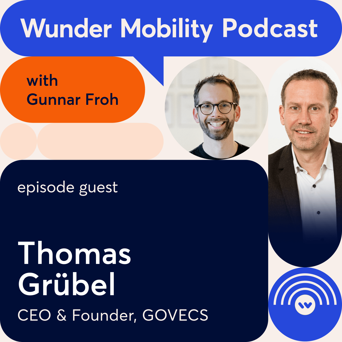 Podcast episode with  Thomas Grübel , CEO at GOVECS, displayed together with Gunnar Froh in fun colored shaped design elements.