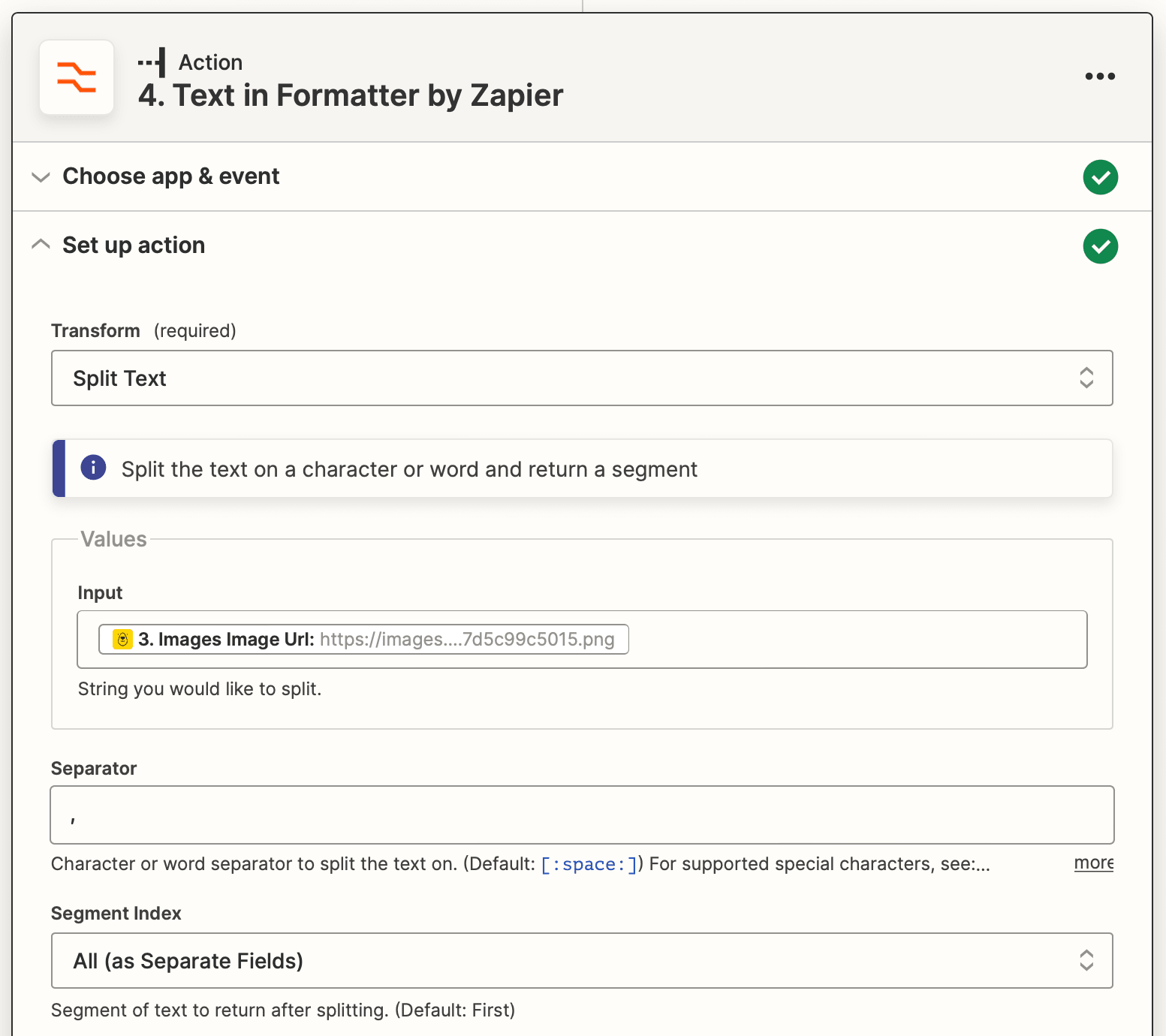 Screenshot of Zapier text in formatter action split text transform setup
