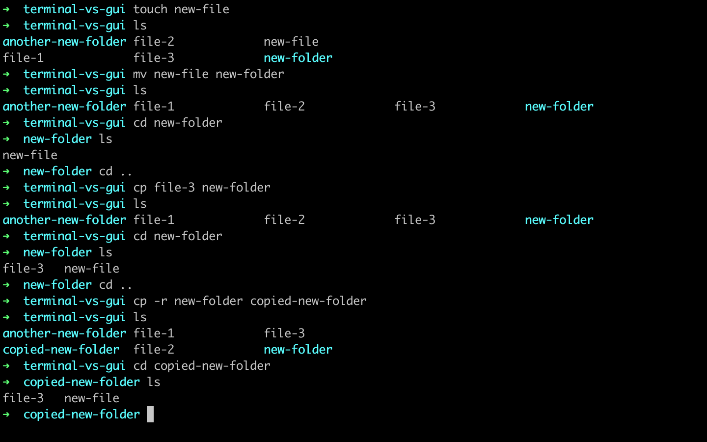 touch, rmdir, rmfile commands example, comparison of Terminal and Finder