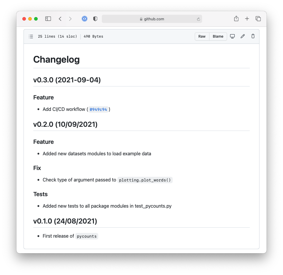 The Python semantic release tool automatically updated the changelog and added an entry for v0.3.0 based on commit messages.