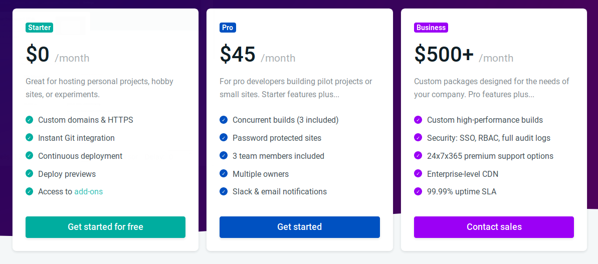 Harga paket hosting di Netlify