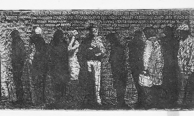 wide panoramic format etching of queuing figures