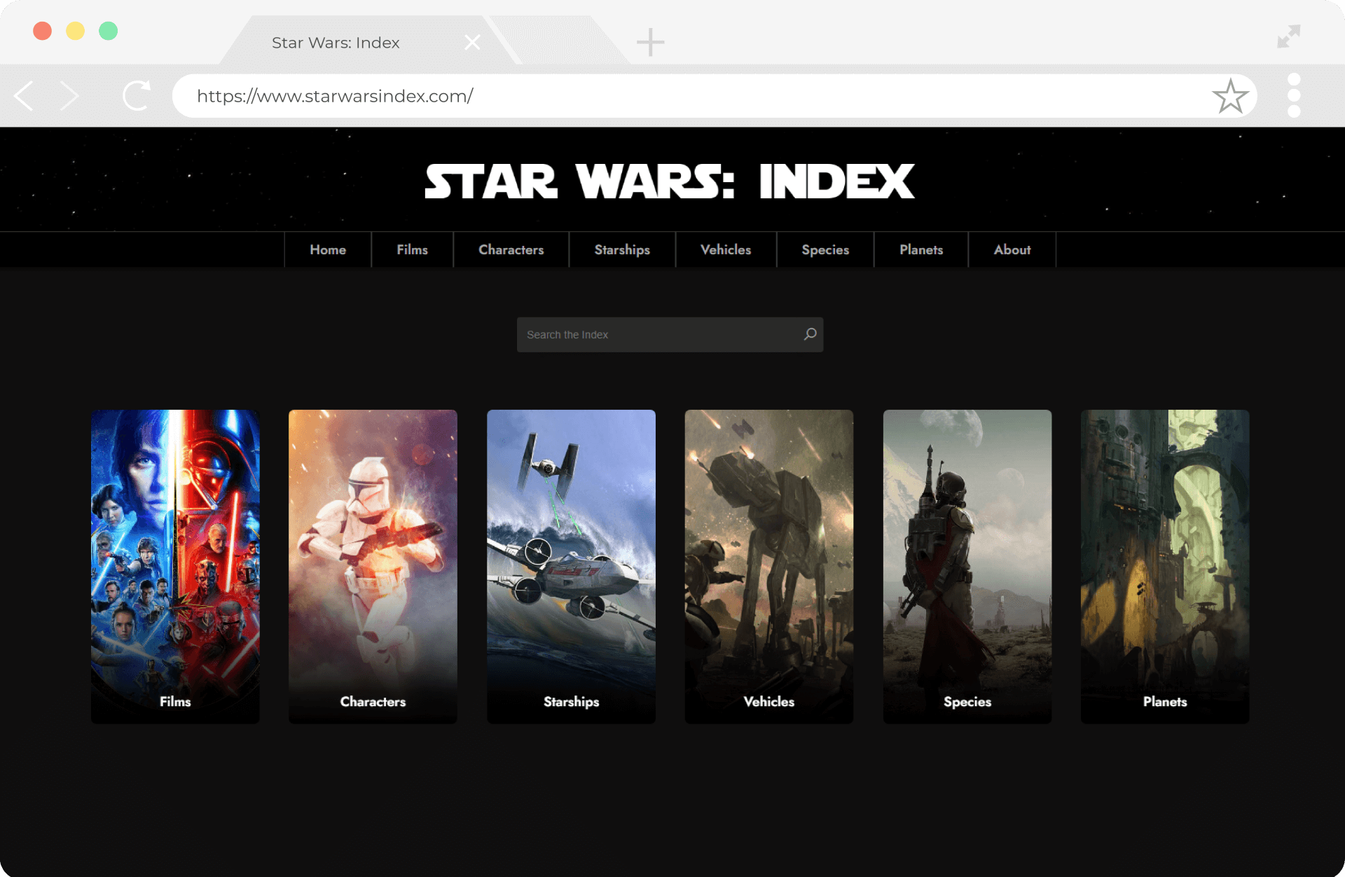 Desktop image of the star wars index website