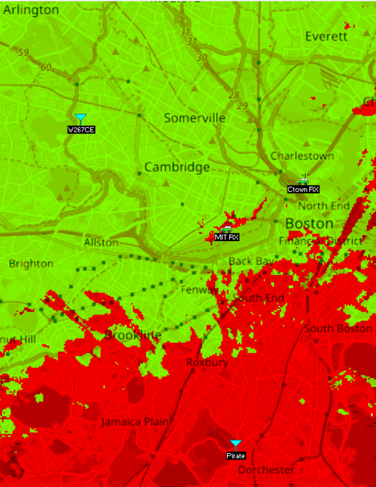 pirate FM translator interference map with interference in red and coverage in green