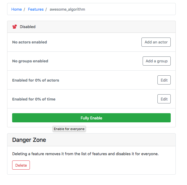 A screenshot of the Admin Feature Flag Panel