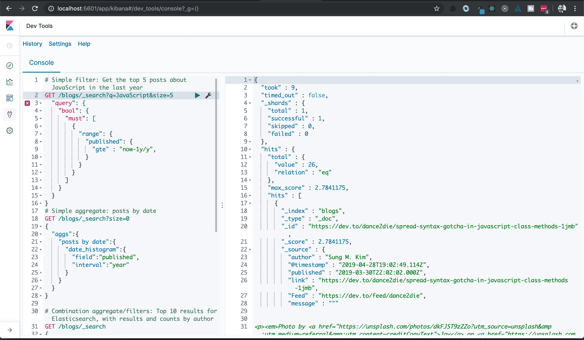 Screenshot of Elastic Stack with developer blog data