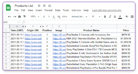 Spreadsheet containing all scraped products