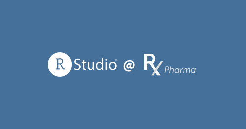 缩略图RStudio标志，at符号，和R在制药会议标志。