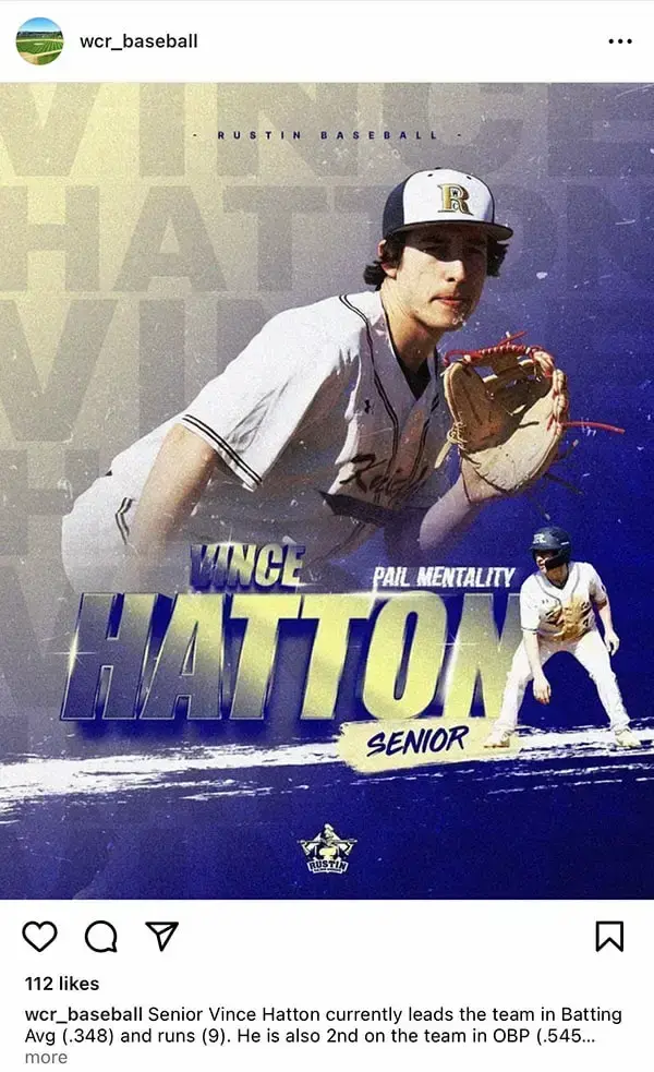 Instagram post from wcr_baseball promoting Vince Hatton, a senior who leads a local baseball team. Has 112 likes.