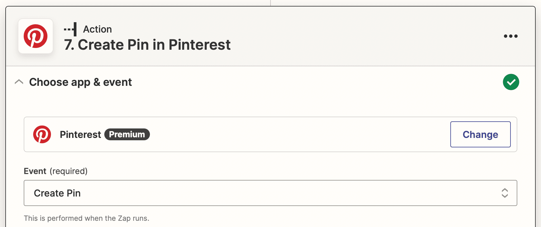 Screenshot of Zapier Pinterest create pin action