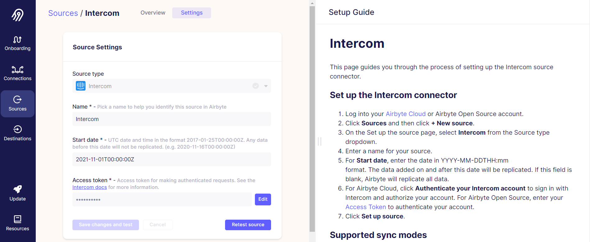 Airbyte Intercom source
