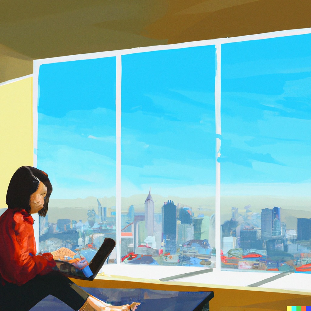 a painting in the style of edward hopper person creating a clean financial model on a computer sitting on a window sill overlooking a city skyline in the morning, by DALL-E 2