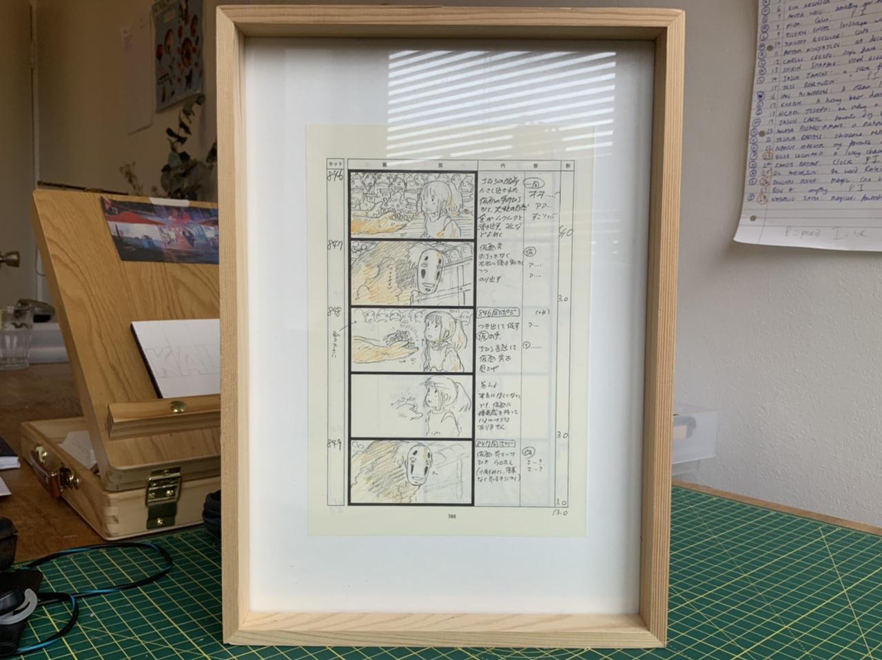 A picture frame with storyboards from Spirited Away by Miyazaki