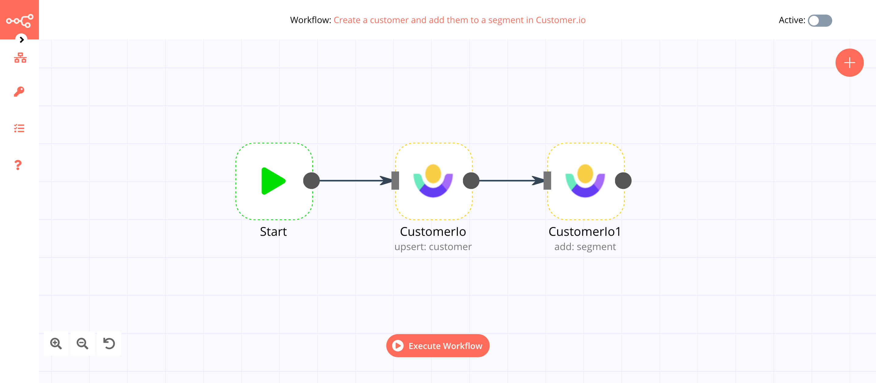A workflow with the Customer.io node