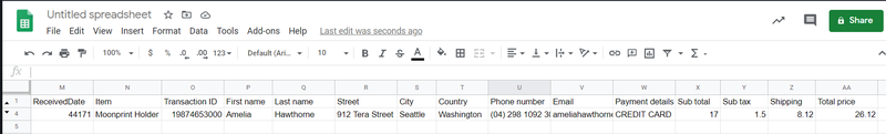 parsed data sent to google sheets