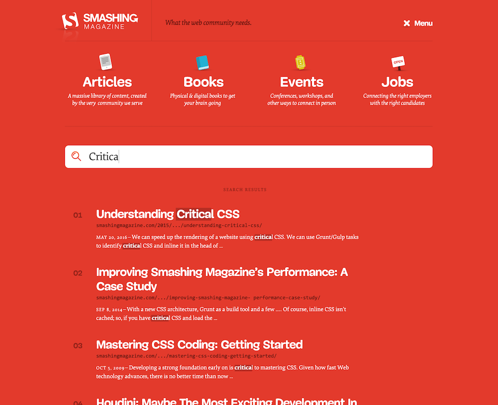 Screenshot of the Smashing Magazine navigation with the live search results activated