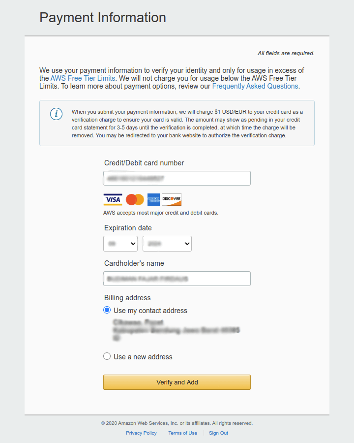 AWS Sign Up Payment Information